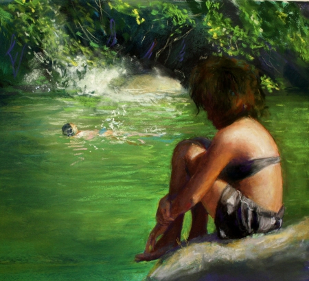 Cooling Off in Hamilton Pool by artist Nori Thorne